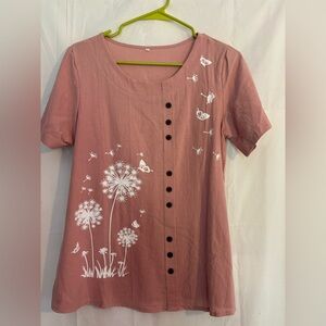Women's Pink Button-Down Top with Floral Design